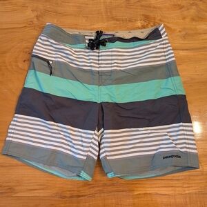 Patagonia Men's Swim Shorts - Teal and Gray Stripes